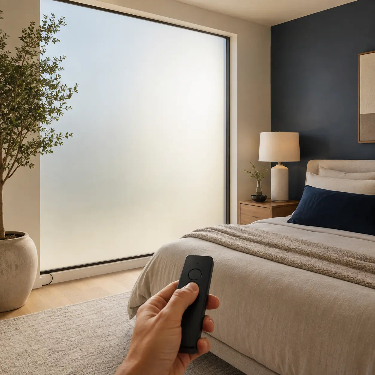 VEILUMO privacy film in a modern bedroom