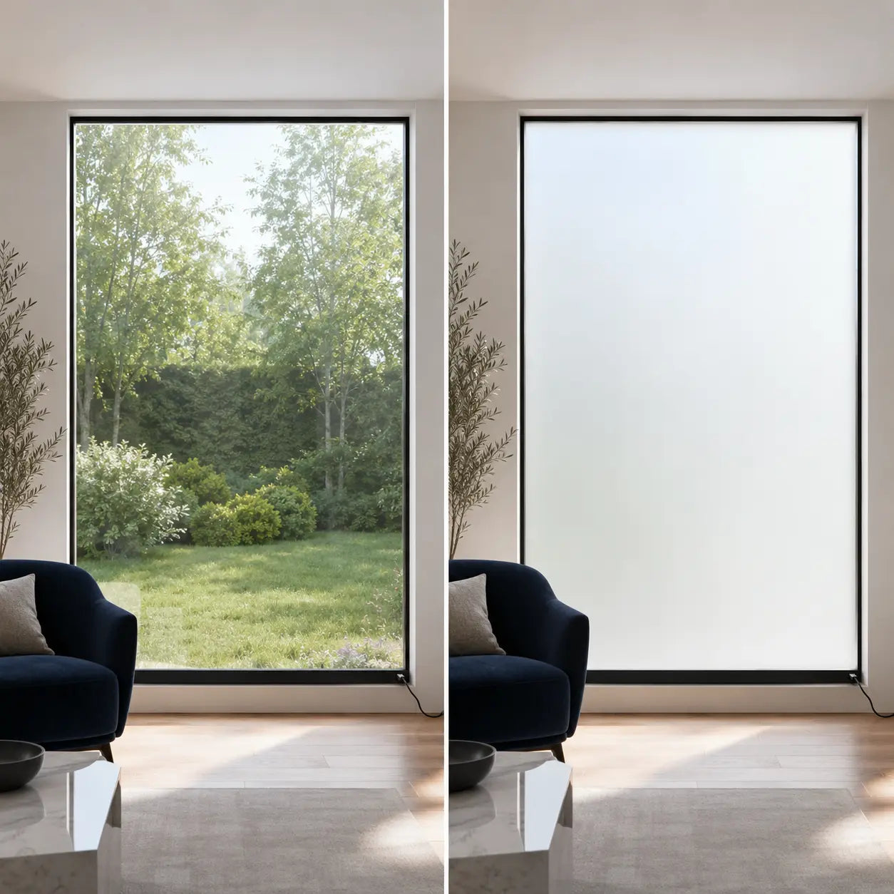 The same window shown clear and frosted with VEILUMO privacy film