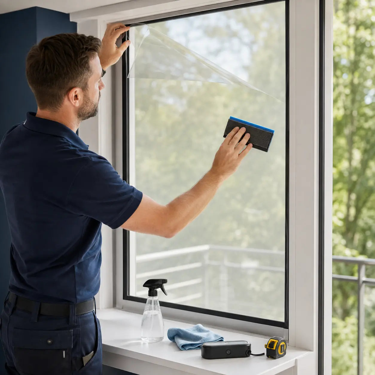 Professional applying self-adhesive smart privacy film to a window