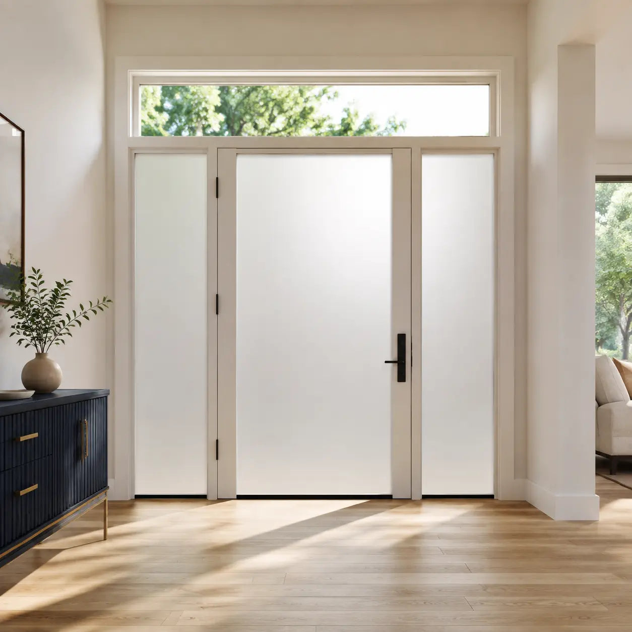 Frosted smart film on a residential glass front door