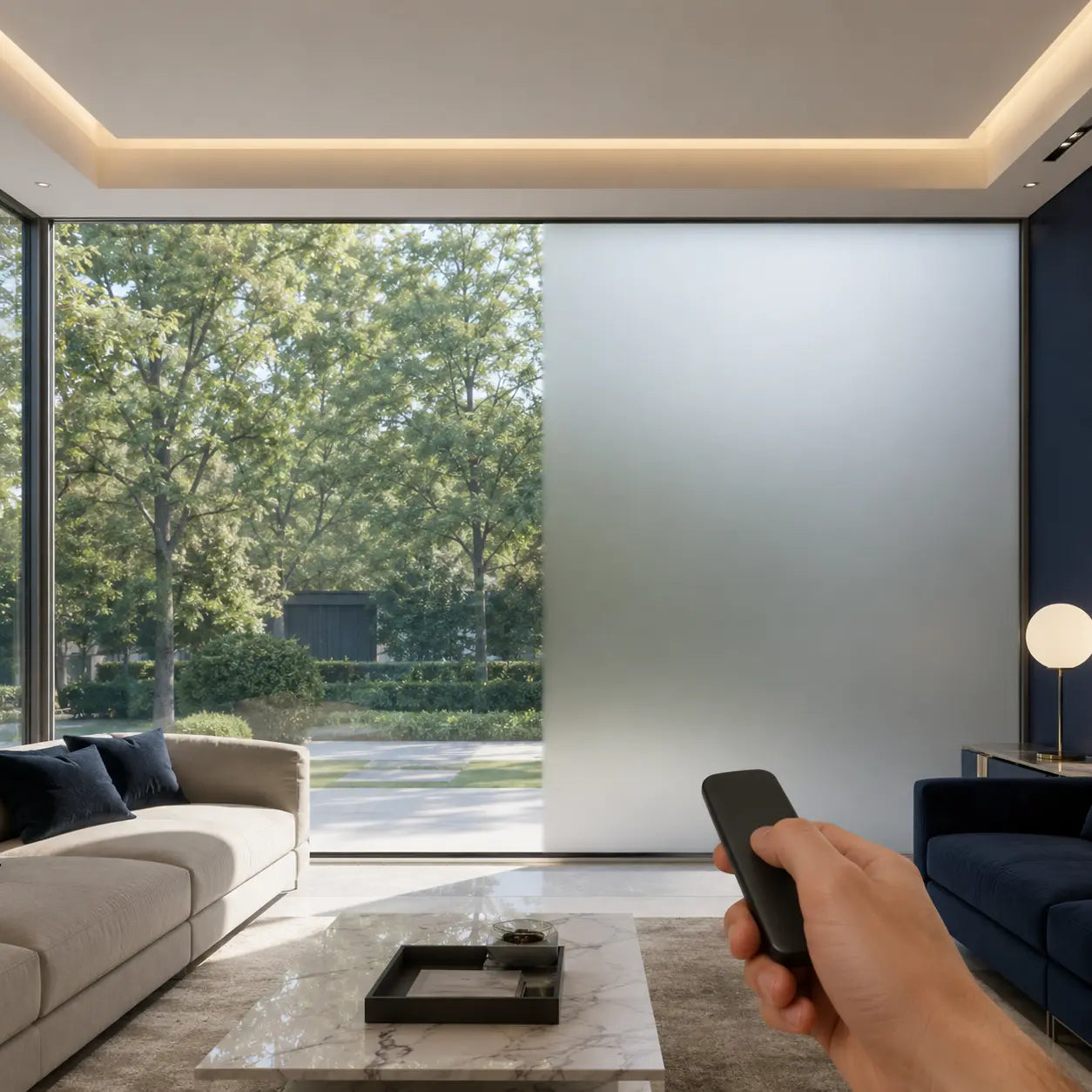 VEILUMO smart privacy film changing a living-room window from clear to frosted